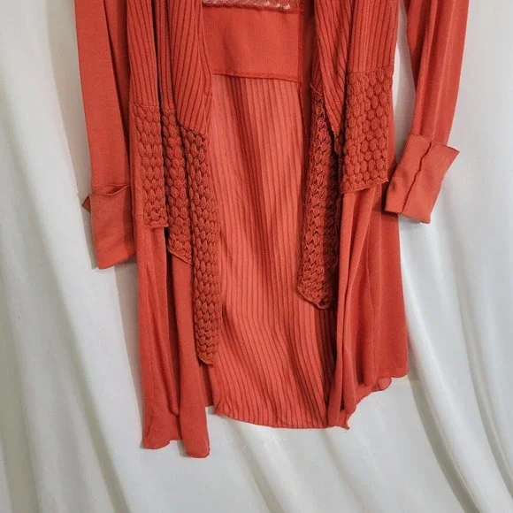 TINY Anthropologie Orange Coral Crochet Boho Lightweight Cardigan Sweater Medium - Picture 3 of 10